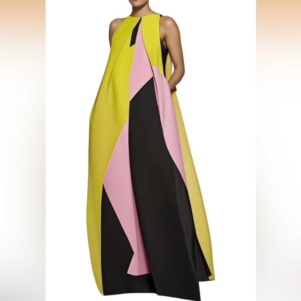NWT OSHOPLIVE Colorblock sleeveless Maxi Dress Neon Yellow, Pink & Black size S